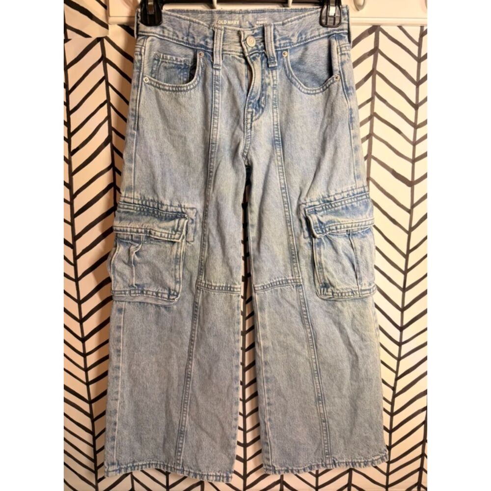 Old Navy Light Blue High Rise Baggy Cargo Pocket Jeans Girls 8 5034